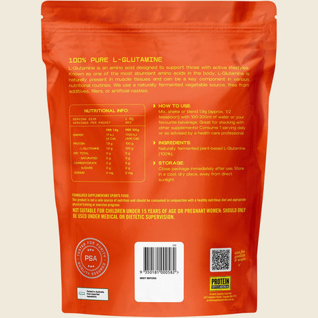 Protein Supplies Australia L-Glutamine 100% Pure Powder 500g – back packaging