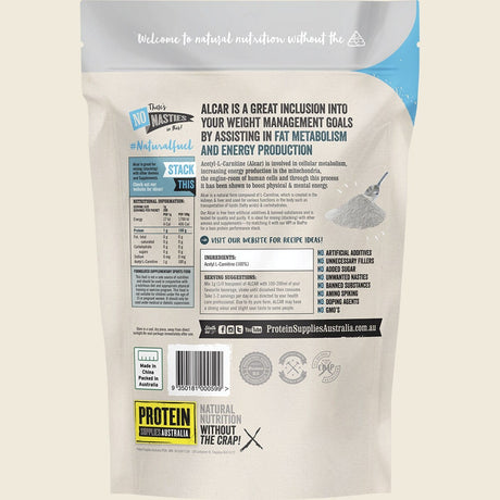 Protein Supplies Australia Acetyl L-Carnitine 100% Pure Powder 200g – back packaging