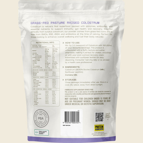 Protein Supplies Australia Pure Colostrum Powder 500g – back packaging