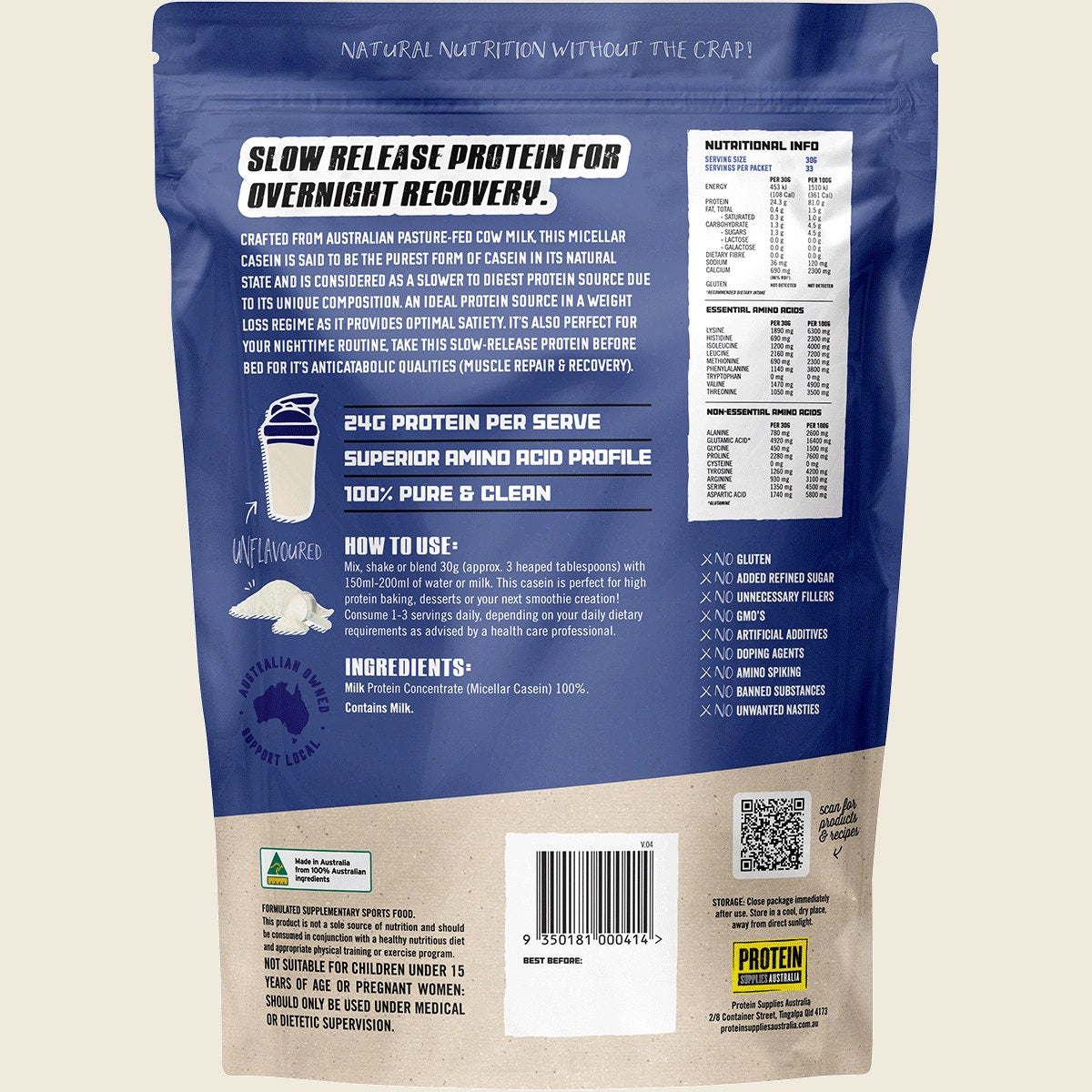 Protein Supplies Australia Micellar Casein Protein 1kg – back packaging