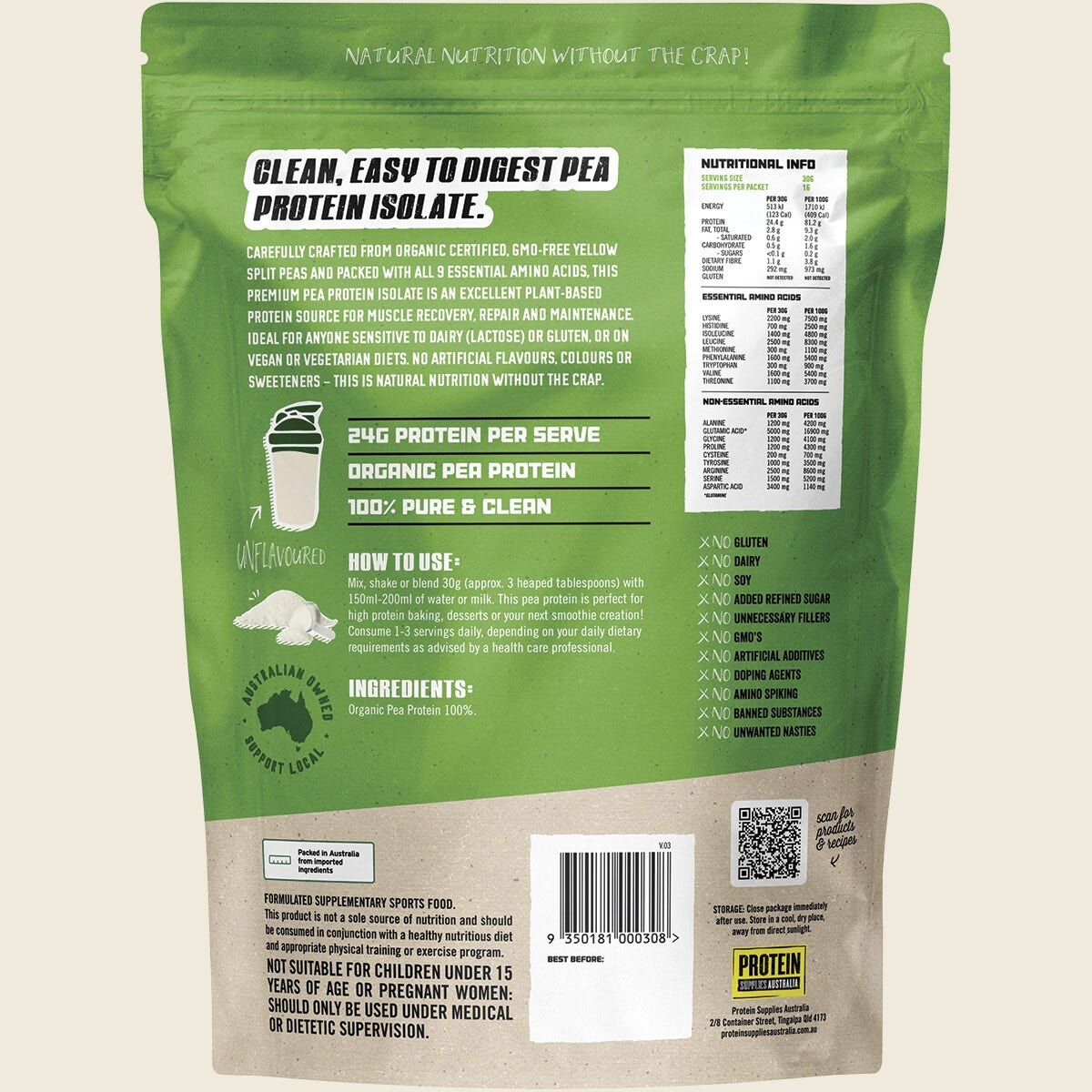 Protein Supplies Australia Pure Pea Protein Isolate 500g – back packaging