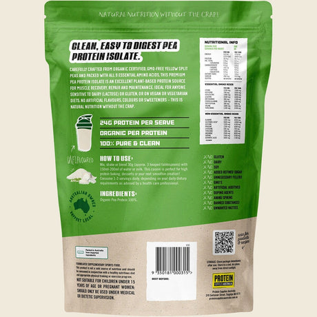 Protein Supplies Australia Pure Pea Protein Isolate 1kg – back packaging