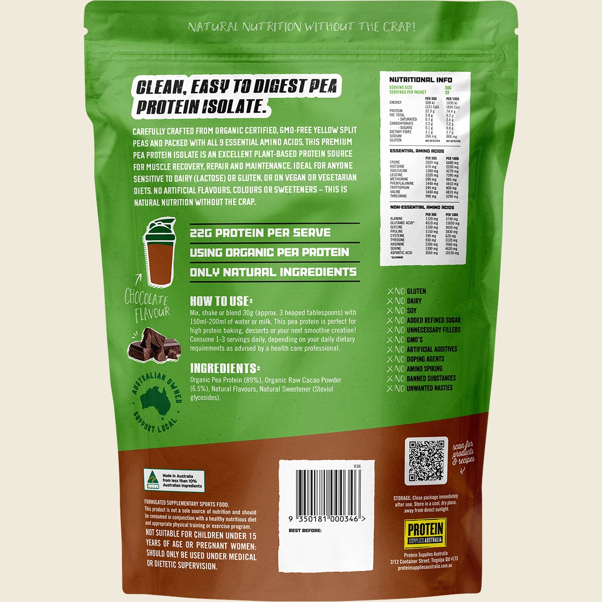 Protein Supplies Australia Pure Pea Protein Isolate Chocolate 1kg – back packaging