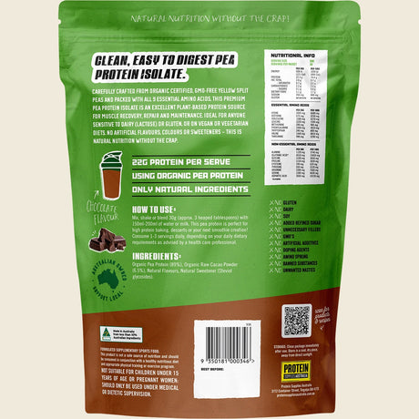 Protein Supplies Australia Pure Pea Protein Isolate Chocolate 1kg – back packaging
