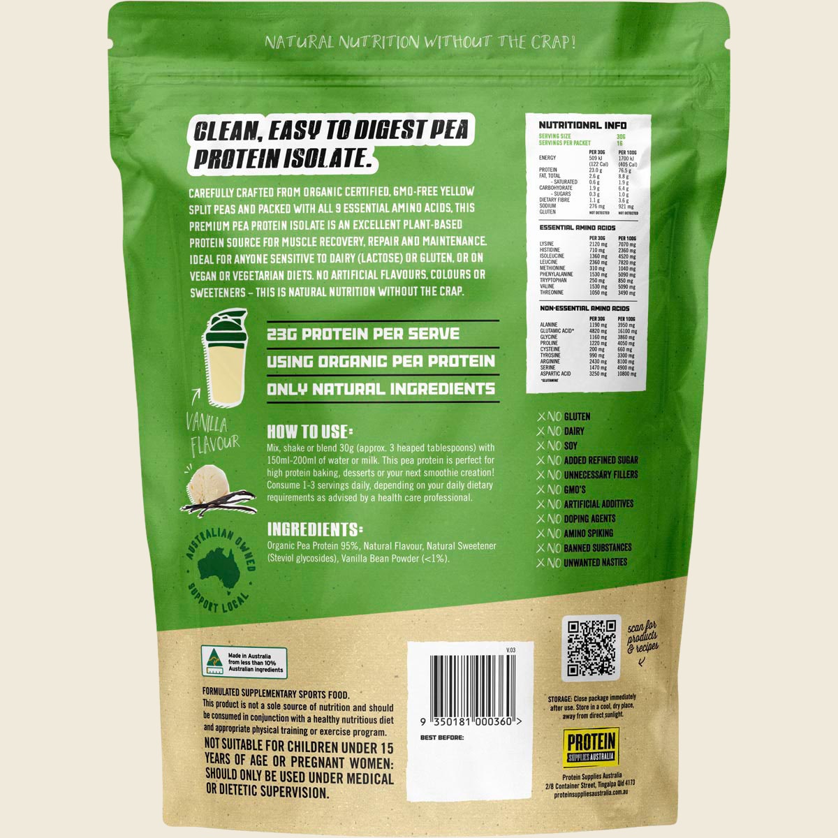 Protein Supplies Australia Pure Pea Protein Isolate Vanilla 500g – back packaging