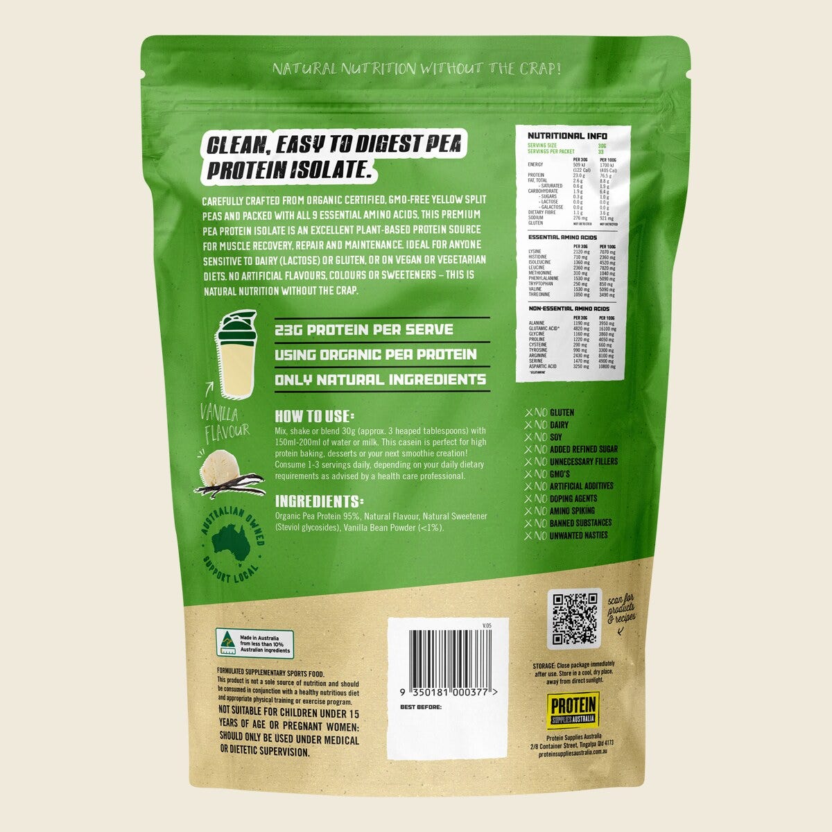 Protein Supplies Australia Pure Pea Protein Isolate Vanilla 1kg – back packaging
