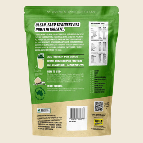 Protein Supplies Australia Pure Pea Protein Isolate Vanilla 1kg – back packaging
