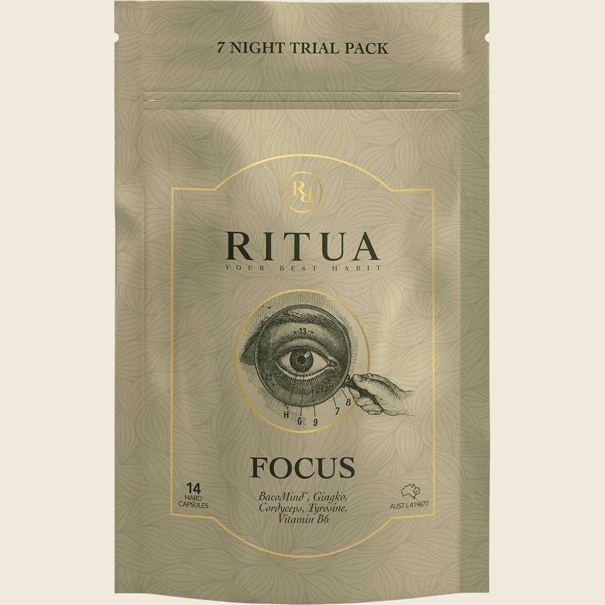 Ritua FOCUS Trial Pack BacoMind Ginko Cordyceps Tyrosine B6 14 Capsules