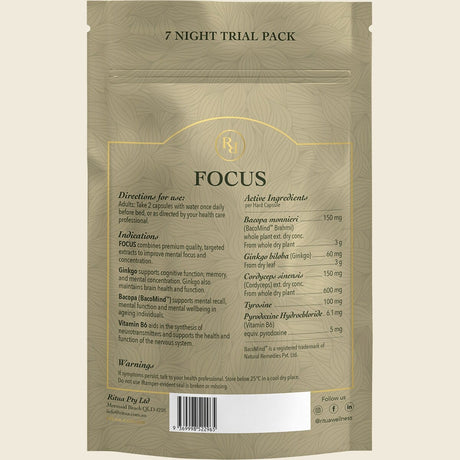 Ritua FOCUS Trial Pack BacoMind Ginko Cordyceps Tyrosine B6 14 Capsules