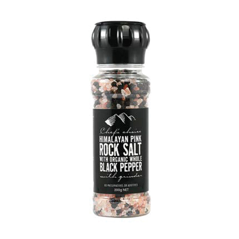 Chef's Choice Himalayan Pink Rock Salt with Organic Whole Black Pepper with Grinder 200g