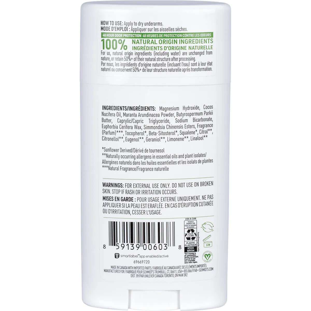 Schmidt's Natural Deodorant Stick Bergamot & Lime 92g