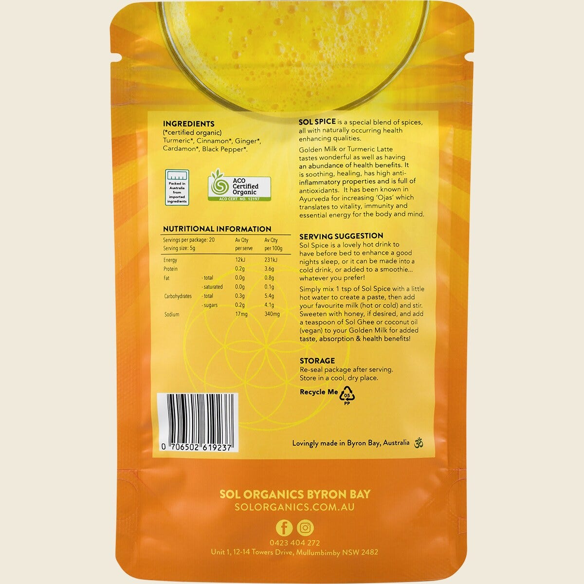 Sol Organics Golden Milk Turmeric Latte Organic Spice Blend 100g