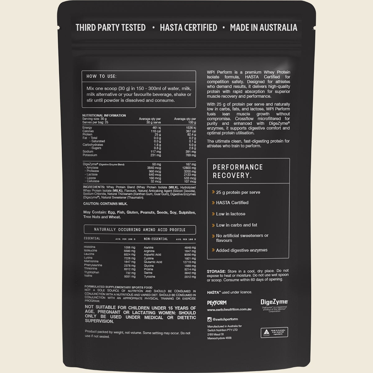 Switch Nutrition Perform Hasta Whey Protein Isolate Vanilla 750g Back