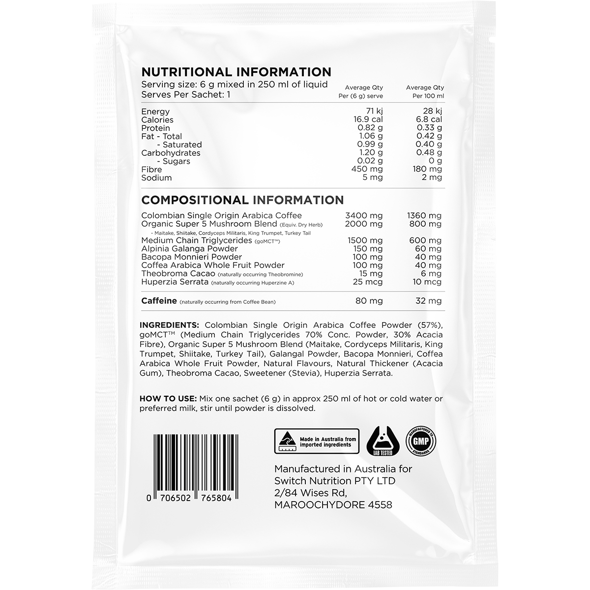 Switch Nutrition Coffee Mental Focus Elixir 6g x 25-pack Naked Espresso 25pk – back label
