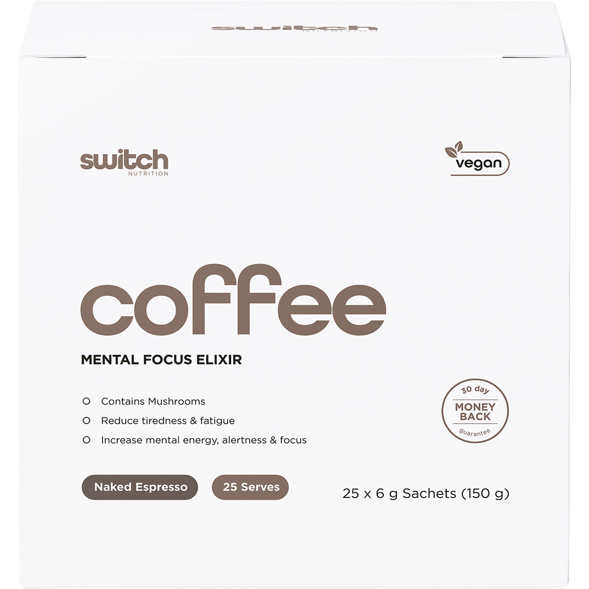 Switch Nutrition Coffee Mental Focus Elixir 6g x 25-pack Naked Espresso 25pk – front packaging