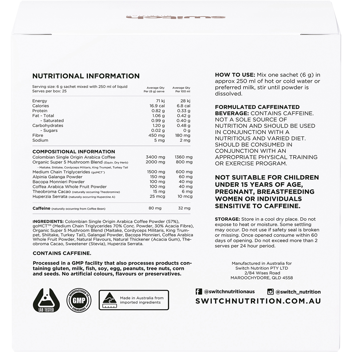Switch Nutrition Coffee Mental Focus Elixir 6g x 25-pack Naked Espresso 25pk – back label
