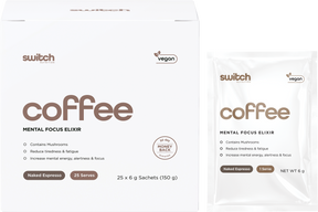 Switch Nutrition Coffee Mental Focus Elixir 6g x 25-pack Naked Espresso 25pk – product and sachets