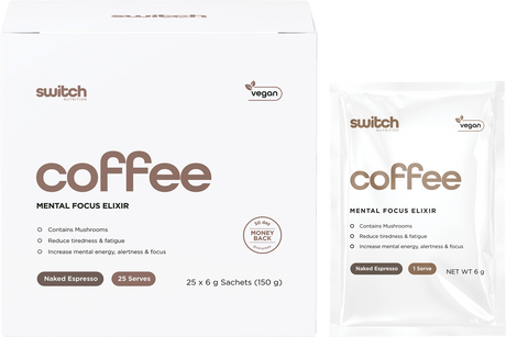 Switch Nutrition Coffee Mental Focus Elixir 6g x 25-pack Naked Espresso 25pk – product and sachets