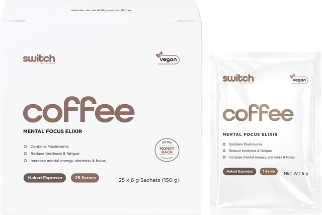 Switch Nutrition Coffee Mental Focus Elixir 6g x 25-pack Naked Espresso 25pk – product and sachets