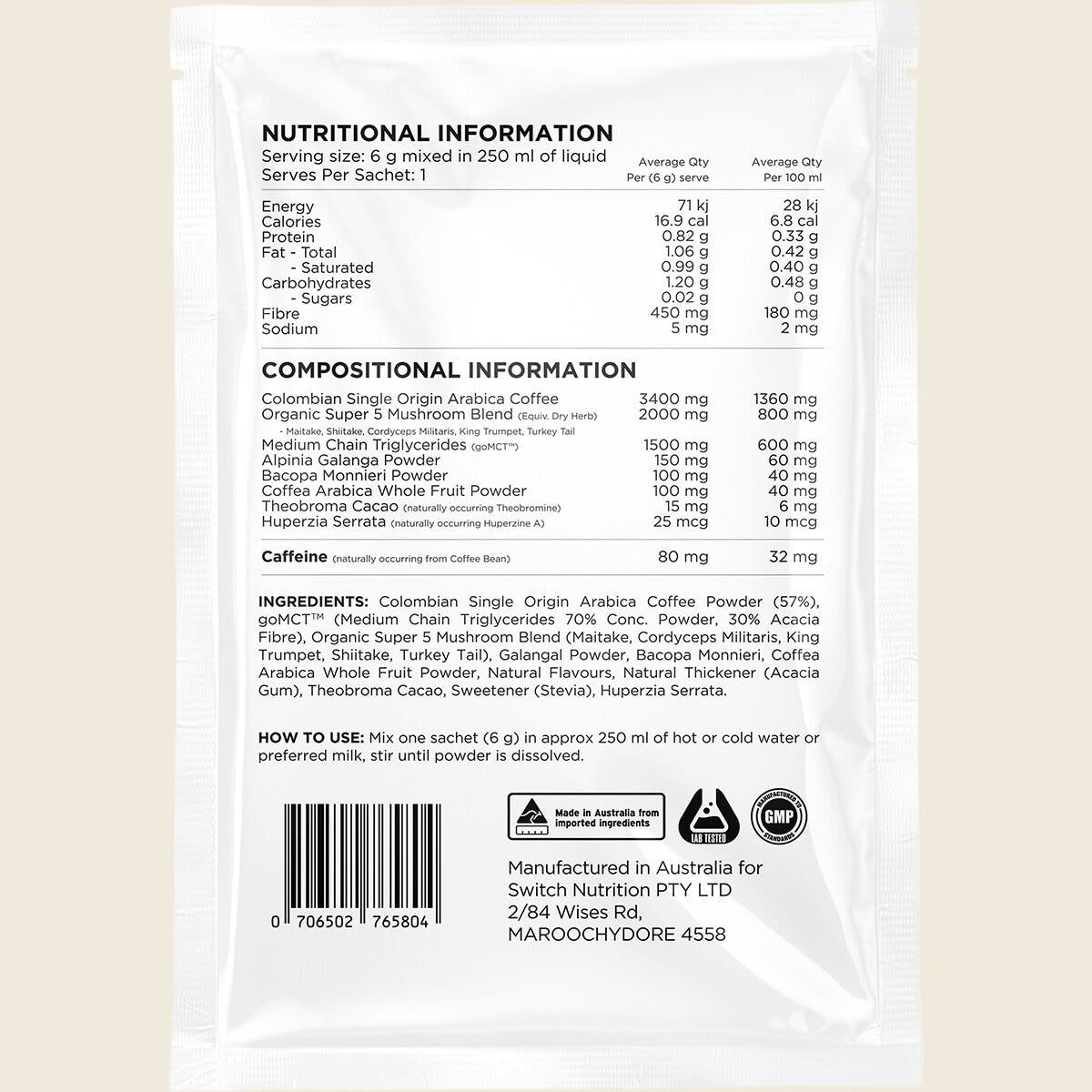 Switch Nutrition Coffee Mental Focus Elixir 6g x 25-pack Naked Espresso – back label