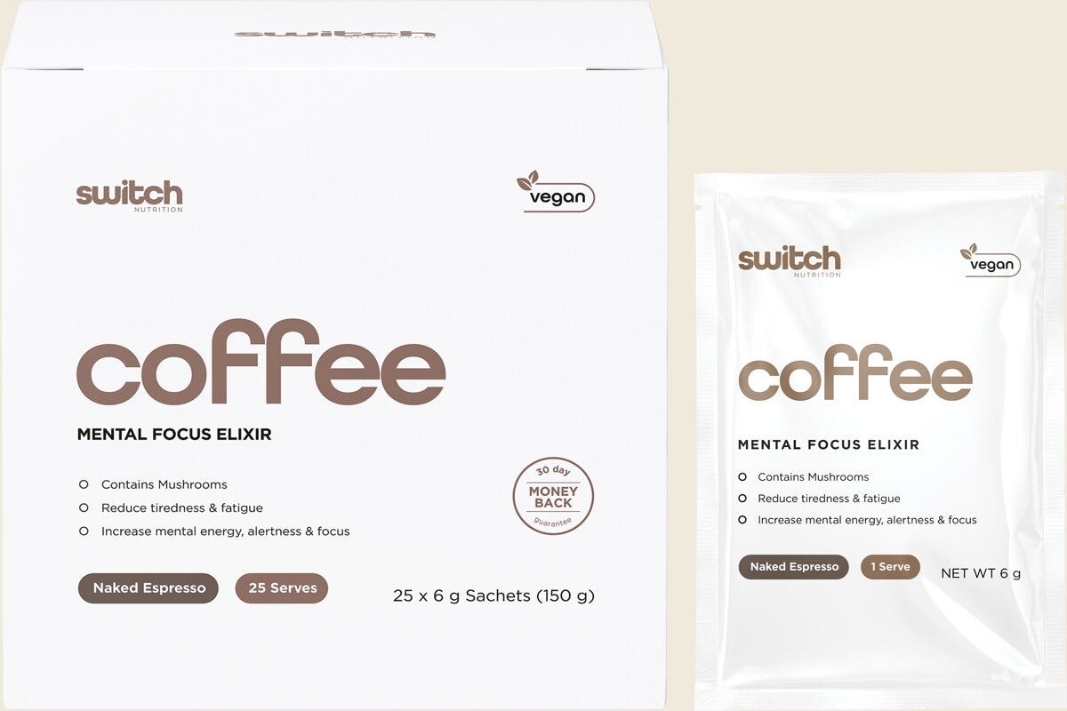 Switch Nutrition Coffee Mental Focus Elixir 6g x 25-pack Naked Espresso – product and packaging