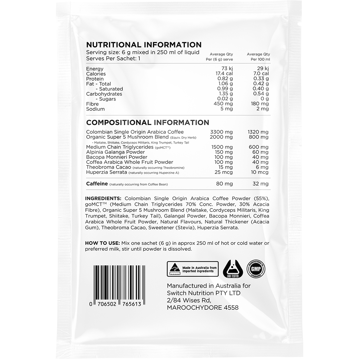 Switch Nutrition Coffee Mental Focus Elixir Espresso Sweetened 6g x 25-pack 25pk – back label