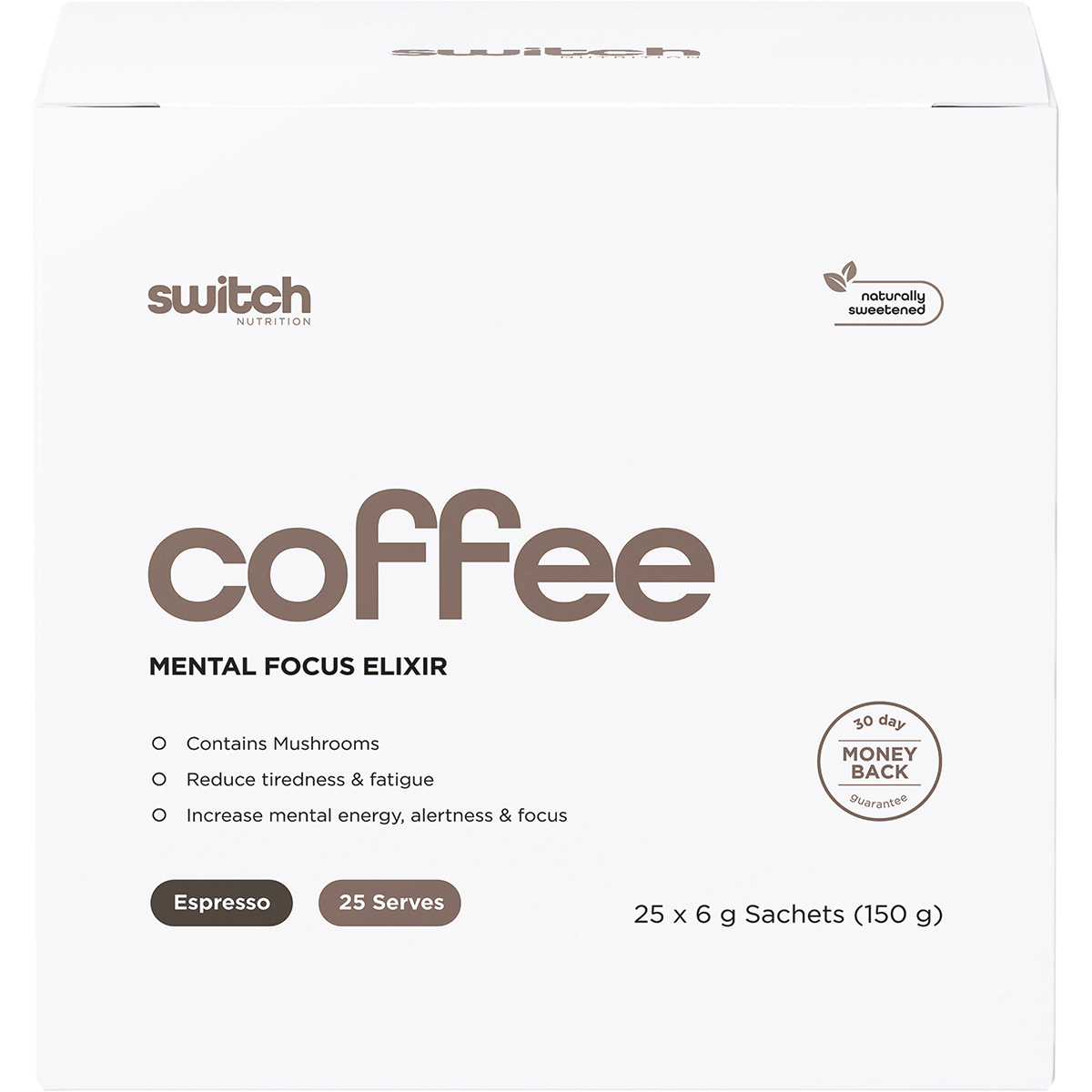 Switch Nutrition Coffee Mental Focus Elixir Espresso Sweetened 6g x 25-pack 25pk – front packaging