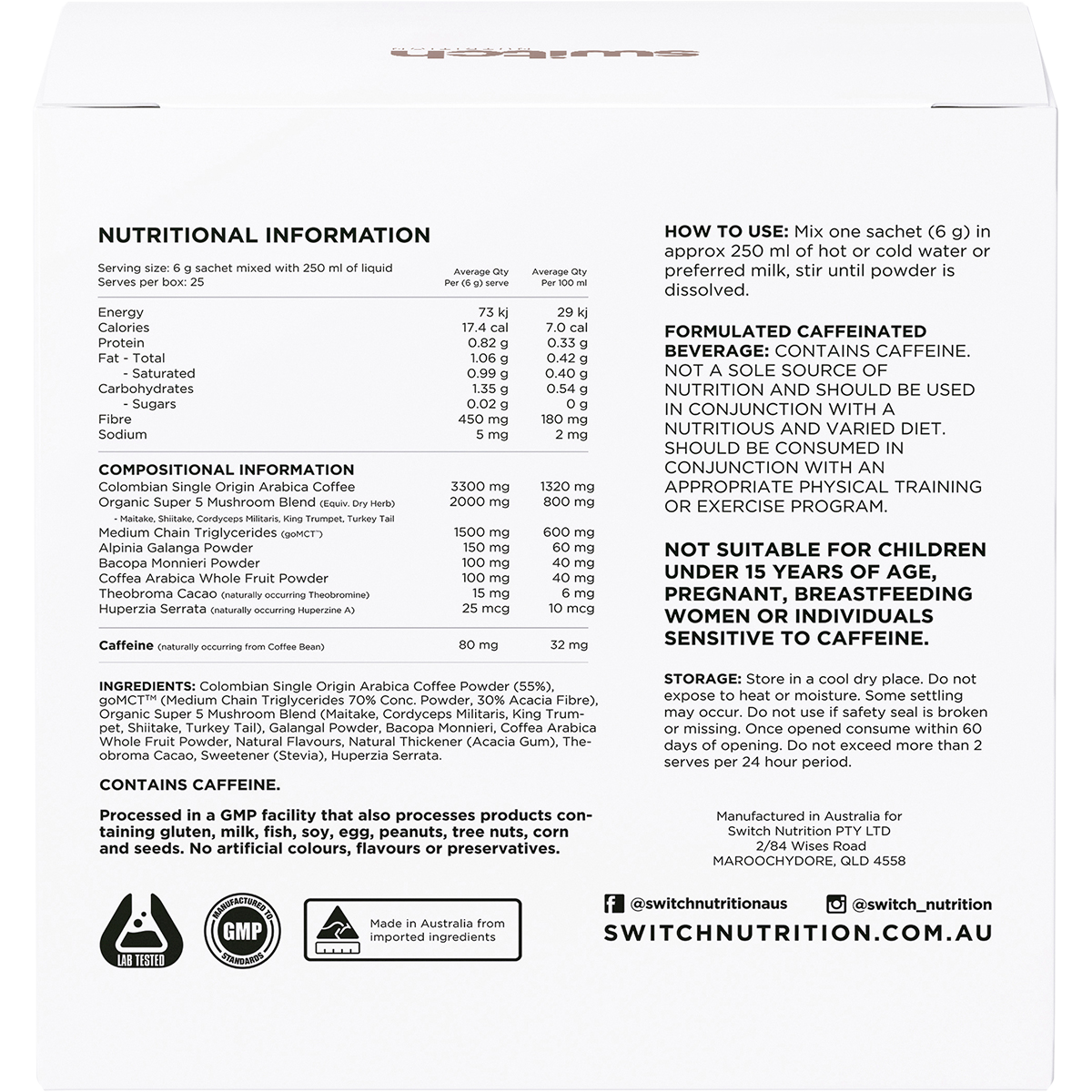 Switch Nutrition Coffee Mental Focus Elixir Espresso Sweetened 6g x 25-pack 25pk – back label