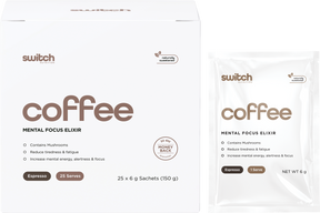 Switch Nutrition Coffee Mental Focus Elixir Espresso Sweetened 6g x 25-pack 25pk – product and sachets