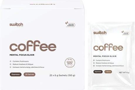Switch Nutrition Coffee Mental Focus Elixir Espresso Sweetened 6g x 25-pack 25pk – product and sachets