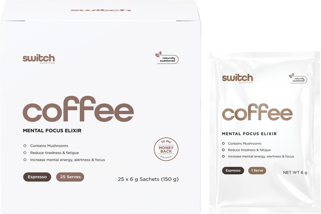 Switch Nutrition Coffee Mental Focus Elixir Espresso Sweetened 6g x 25-pack 25pk – product and sachets