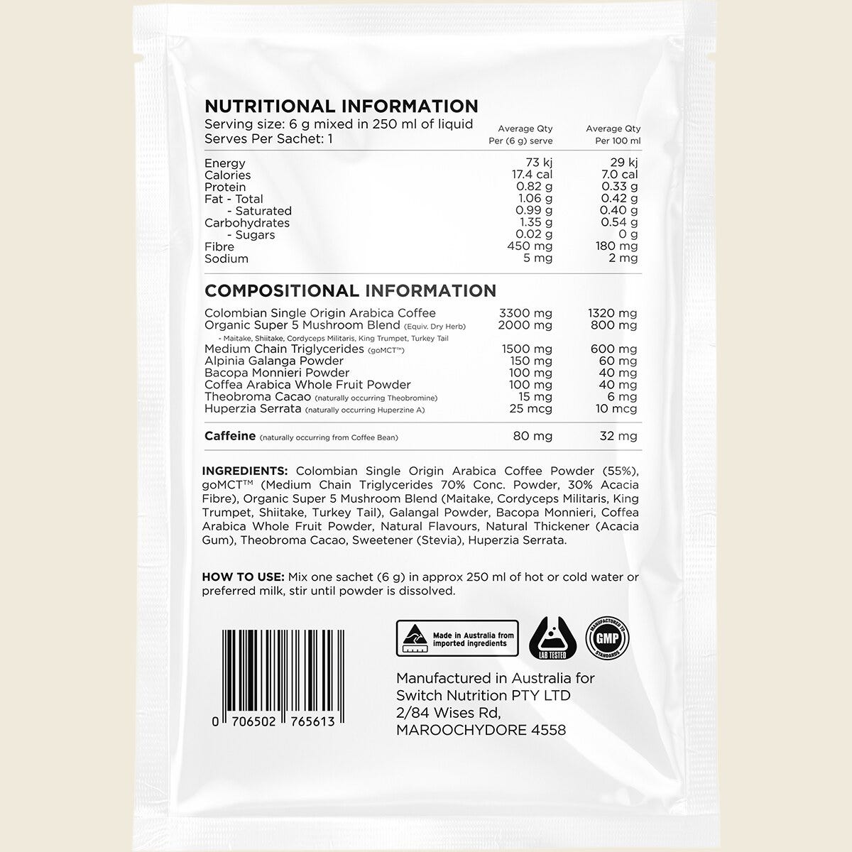 Switch Nutrition Coffee Mental Focus Elixir Espresso Sweetened 6g x 25-pack – back label