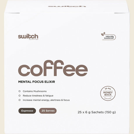 Switch Nutrition Coffee Mental Focus Elixir Espresso Sweetened 6g x 25-pack – box front