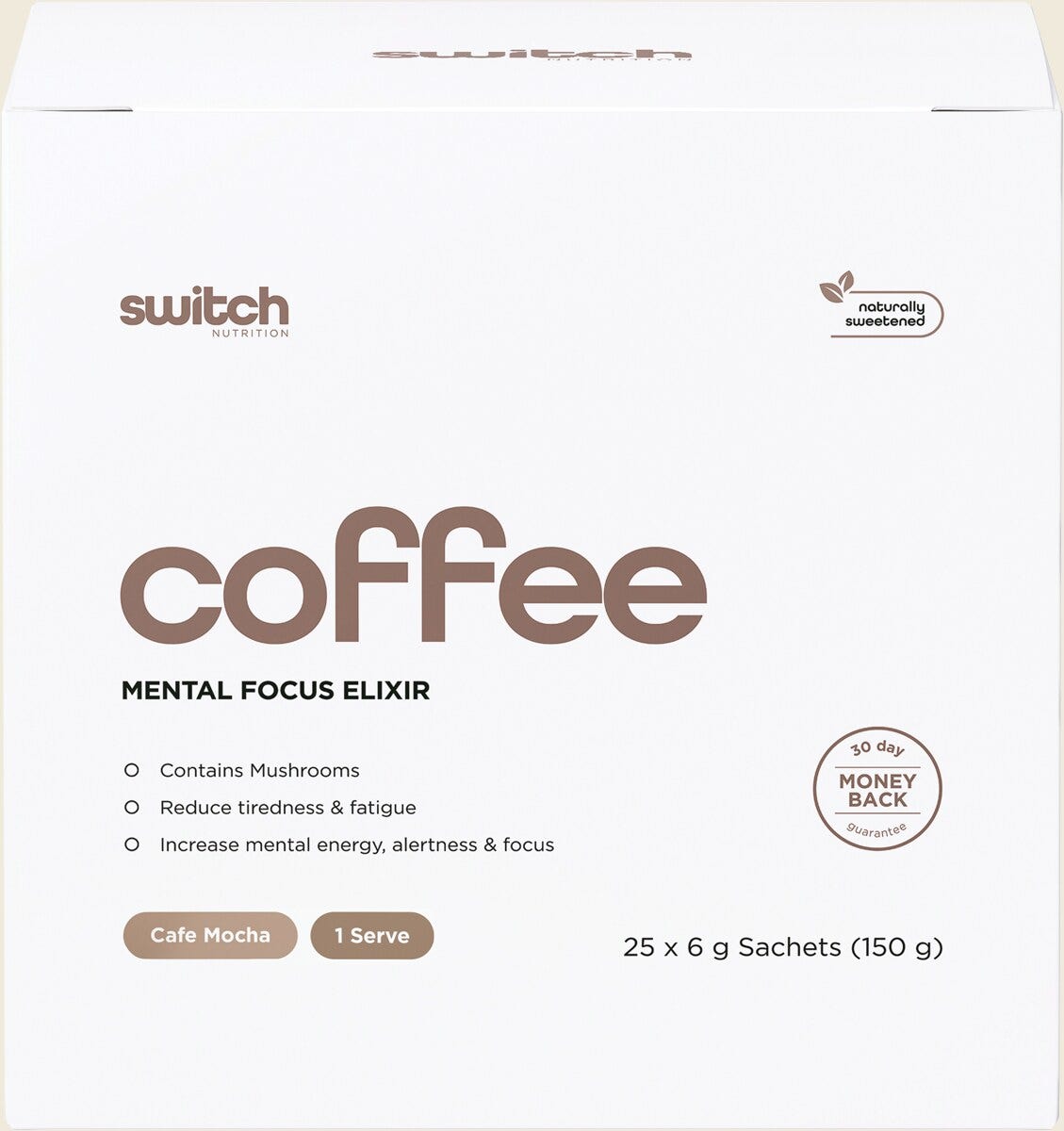 Switch Nutrition Coffee Mental Focus Elixir 6g x 25-pack Cafe Mocha – front