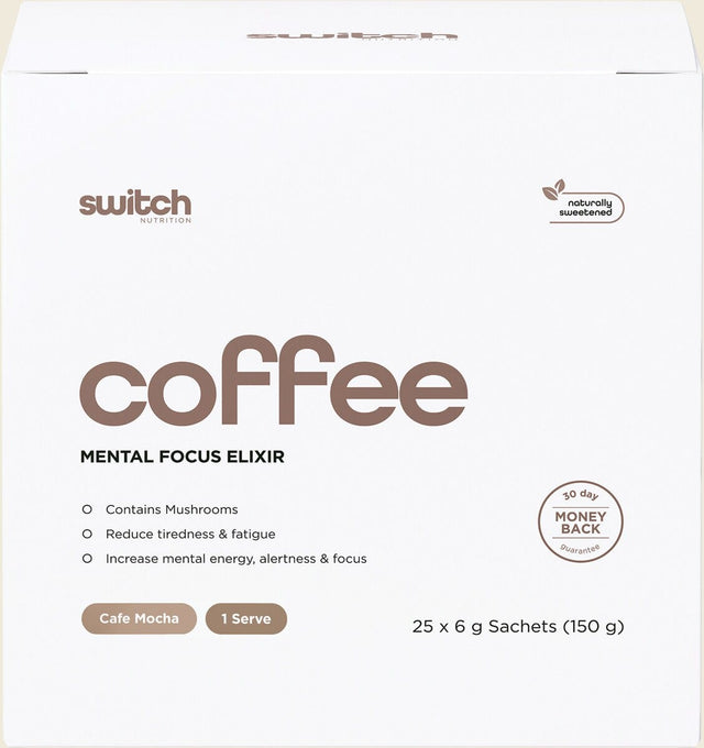 Switch Nutrition Coffee Mental Focus Elixir 6g x 25-pack Cafe Mocha – front