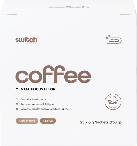 Switch Nutrition Coffee Mental Focus Elixir 6g x 25-pack Cafe Mocha 25pk – front packaging