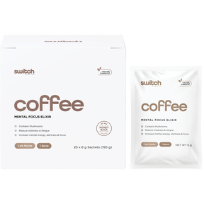 Switch Nutrition Coffee Mental Focus Elixir 6g x 25-pack Cafe Mocha 25pk – product and sachets
