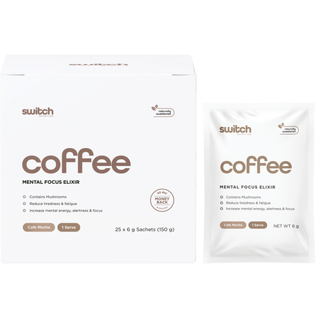 Switch Nutrition Coffee Mental Focus Elixir 6g x 25-pack Cafe Mocha 25pk – product and sachets
