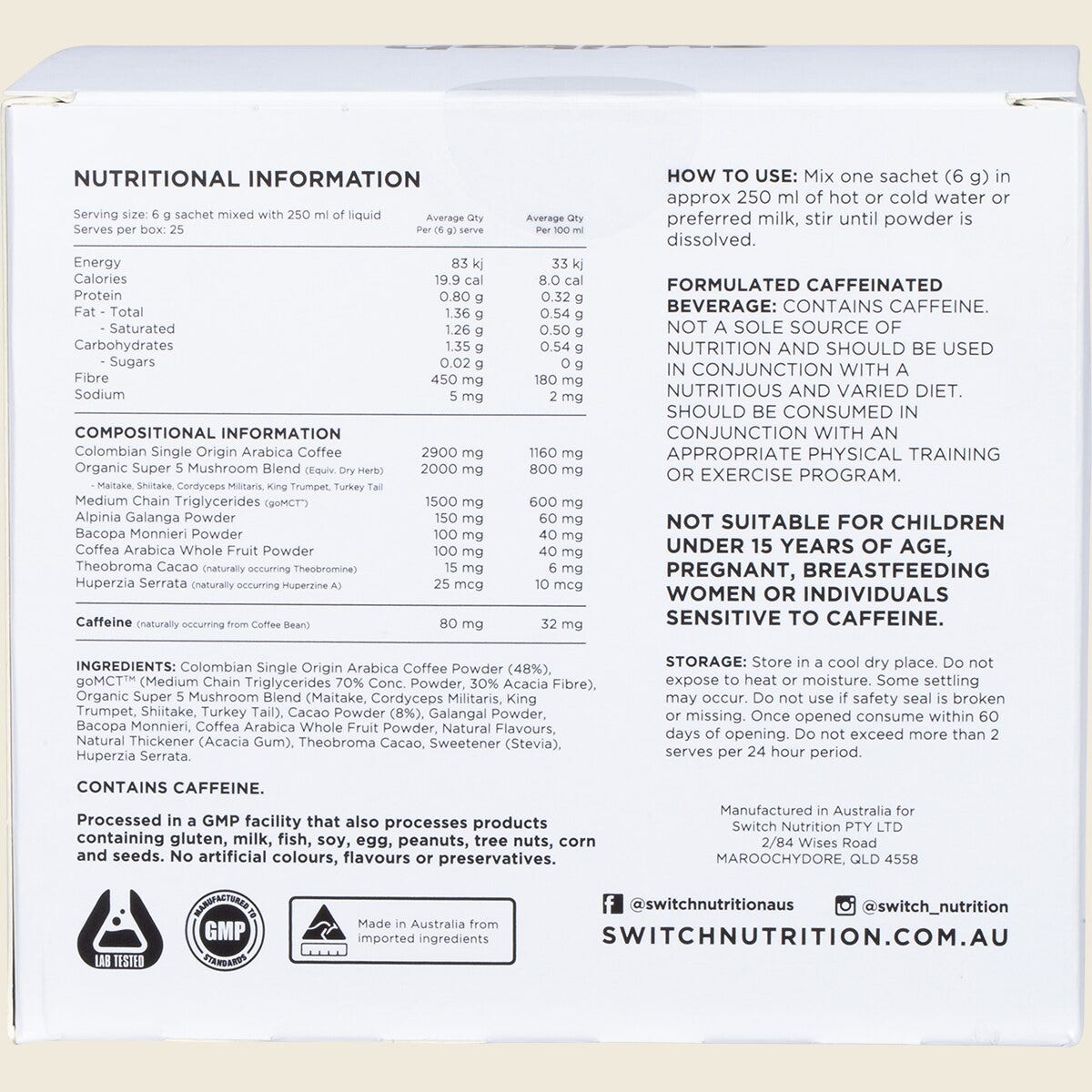 Switch Nutrition Coffee Mental Focus Elixir 6g x 25-pack Cafe Mocha – back label