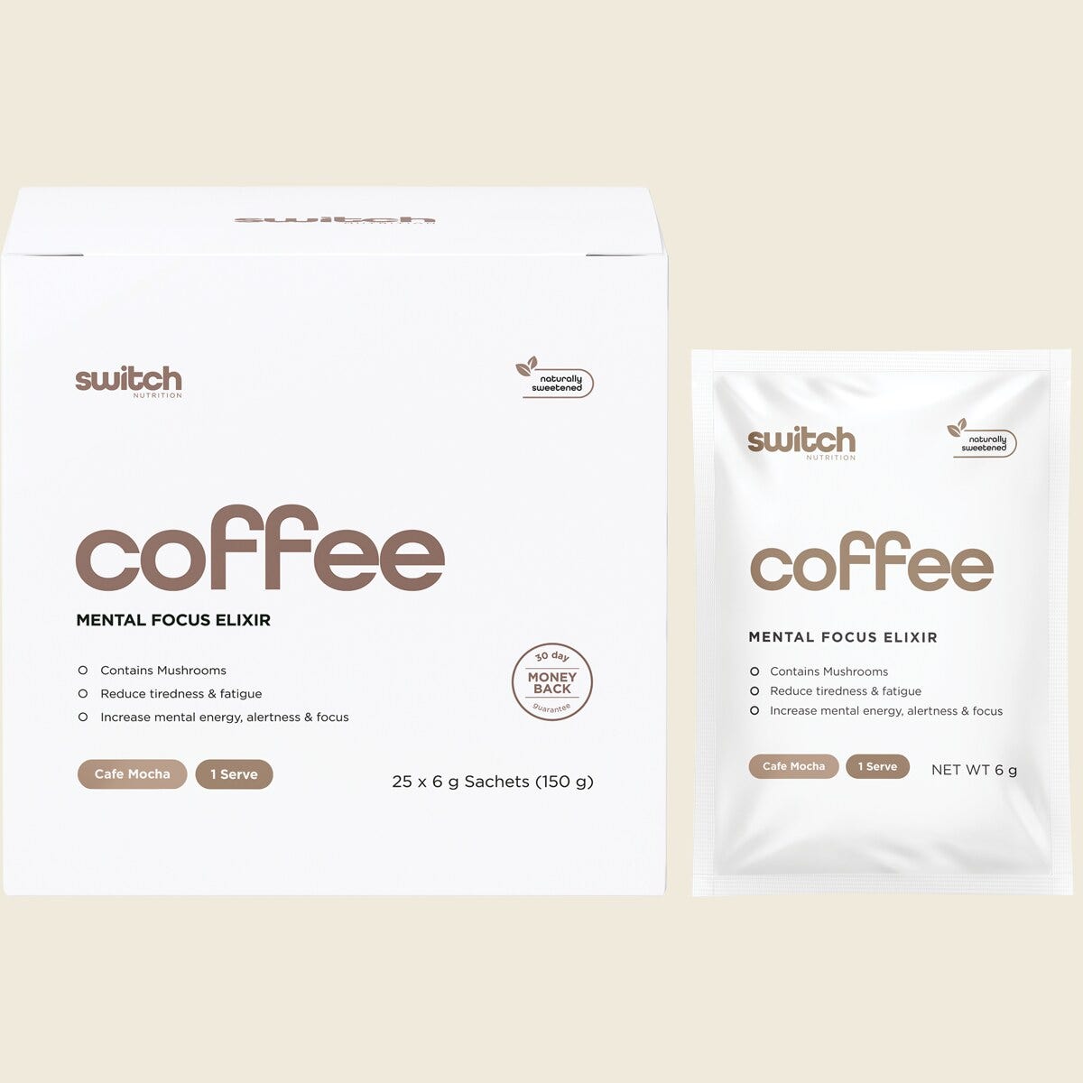 Switch Nutrition Coffee Mental Focus Elixir 6g x 25-pack Cafe Mocha – product and packaging