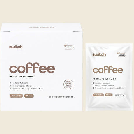 Switch Nutrition Coffee Mental Focus Elixir 6g x 25-pack Cafe Mocha – product and packaging