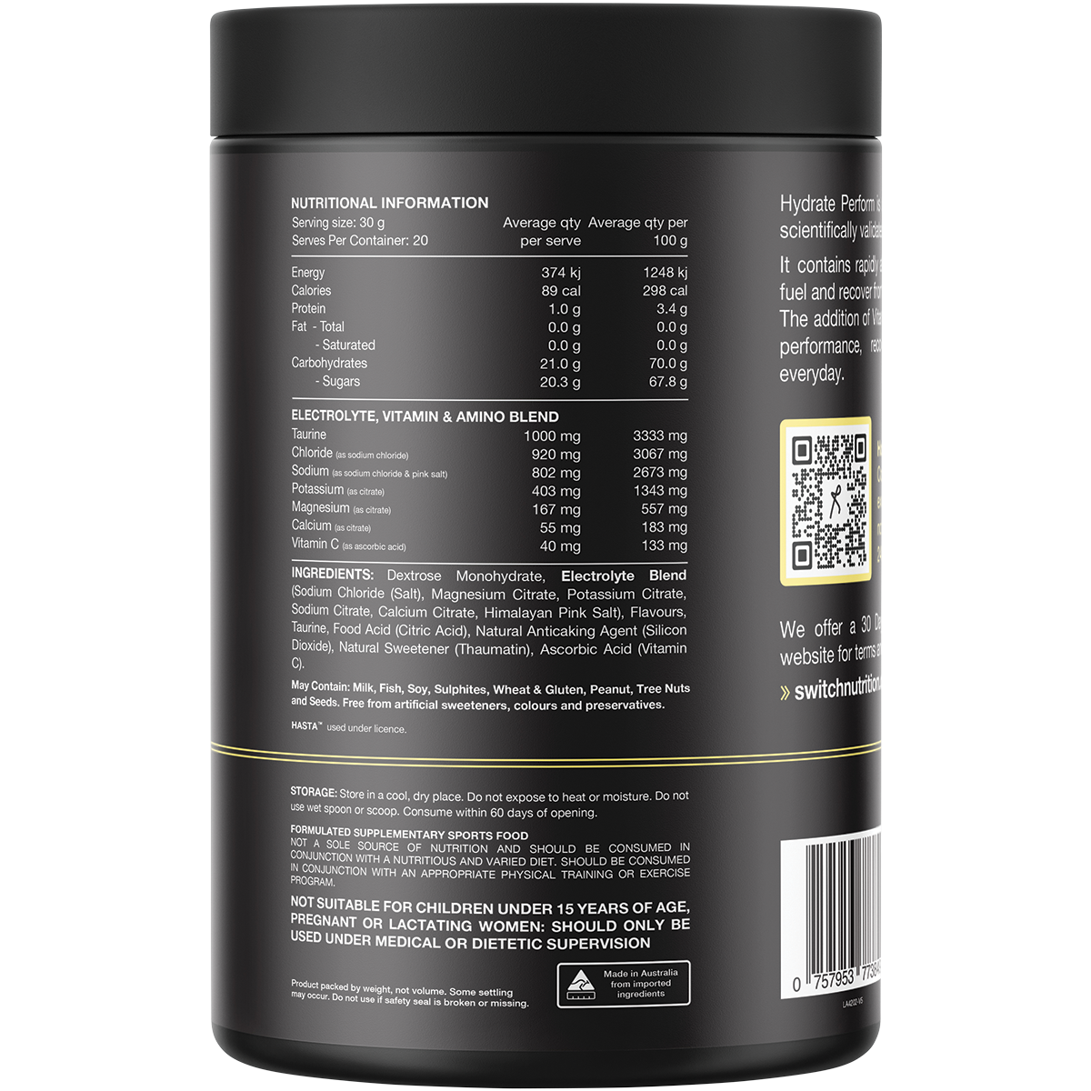 Switch Nutrition Perform Hasta Hydrate & Carbs Lemon Lime 600g – back label