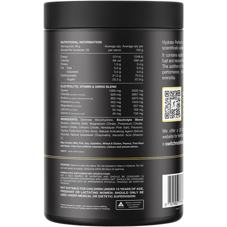 Switch Nutrition Perform Hasta Hydrate & Carbs Lemon Lime 600g – back label