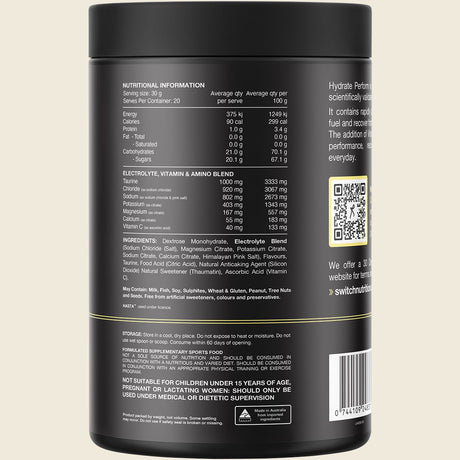 Switch Nutrition Perform Hasta Hydrate & Carbs Raspberry Lemonade 600g Back