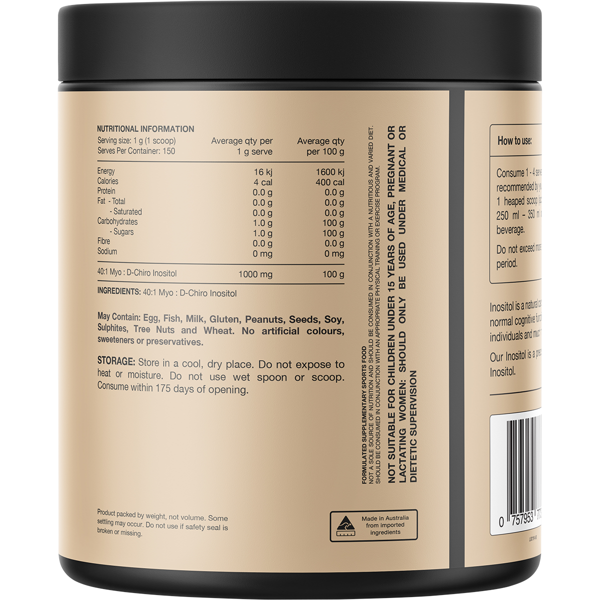 Switch Nutrition Inositol 40:1 Myo : D-Chiro Inositol 150g – back label