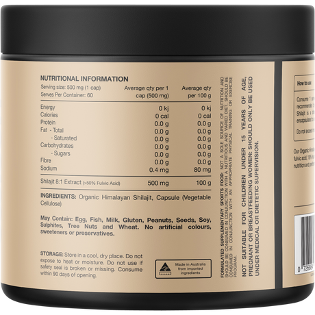 Switch Nutrition Shilajit Organic Himalayan Shilajit 8:1 60 Capsules – back label