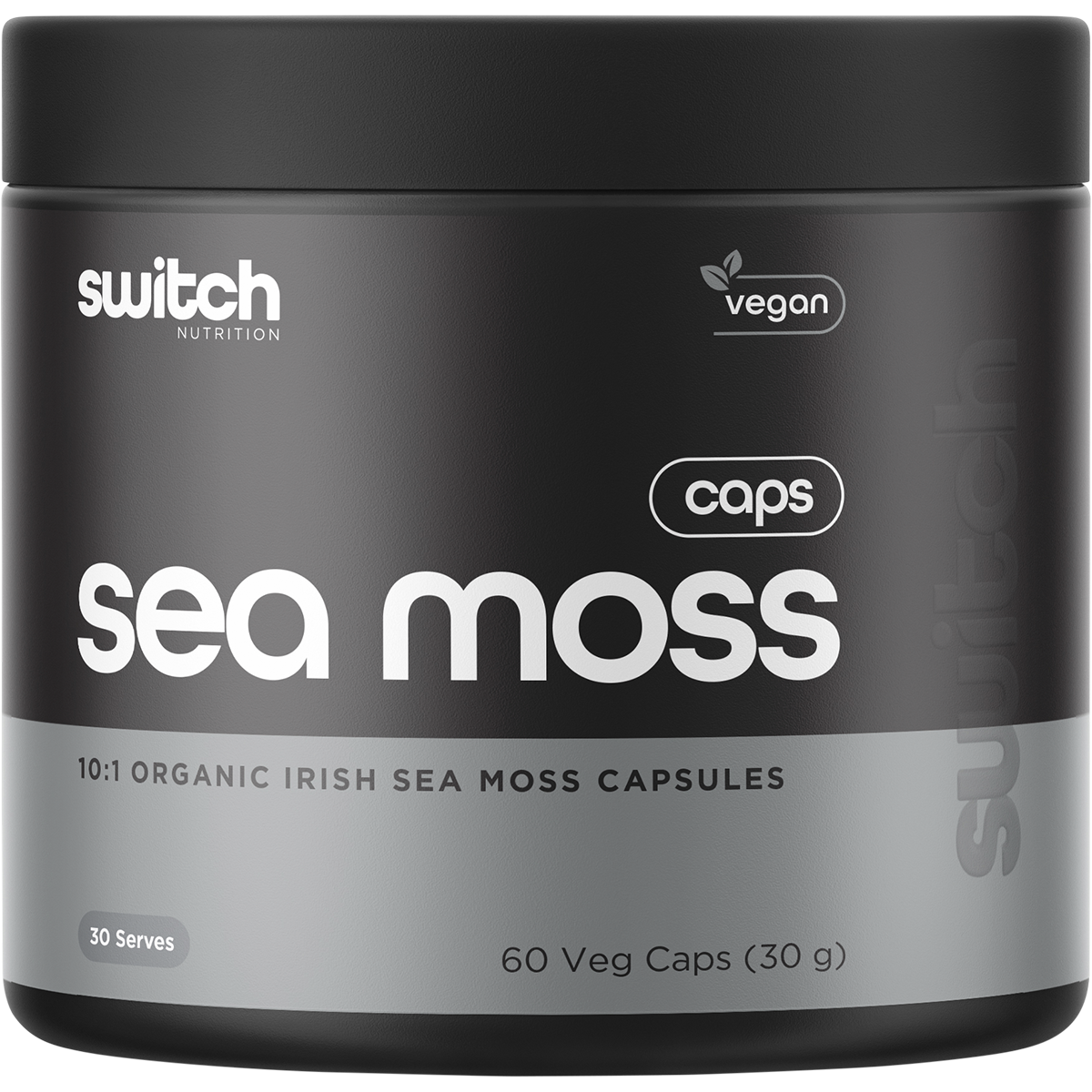 Switch Nutrition Organic Sea Moss 10:1 Irish Sea Moss Capsules 60 Caps – front packaging