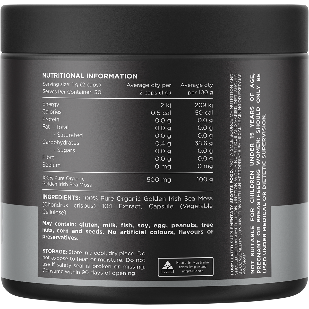 Switch Nutrition Organic Sea Moss 10:1 Irish Sea Moss Capsules 60 Caps – back label