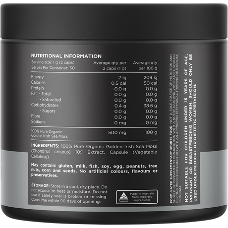 Switch Nutrition Organic Sea Moss 10:1 Irish Sea Moss Capsules 60 Caps – back label