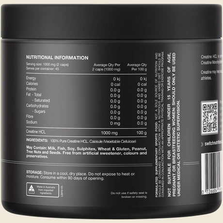 Switch Nutrition Creatine 100% Pure Hcl 90 Caps Back